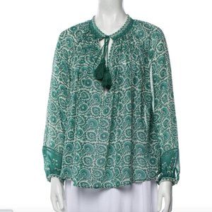 TALITHA Collection 100% Silk Sheer Tassel Top Green Printed Blouse Small